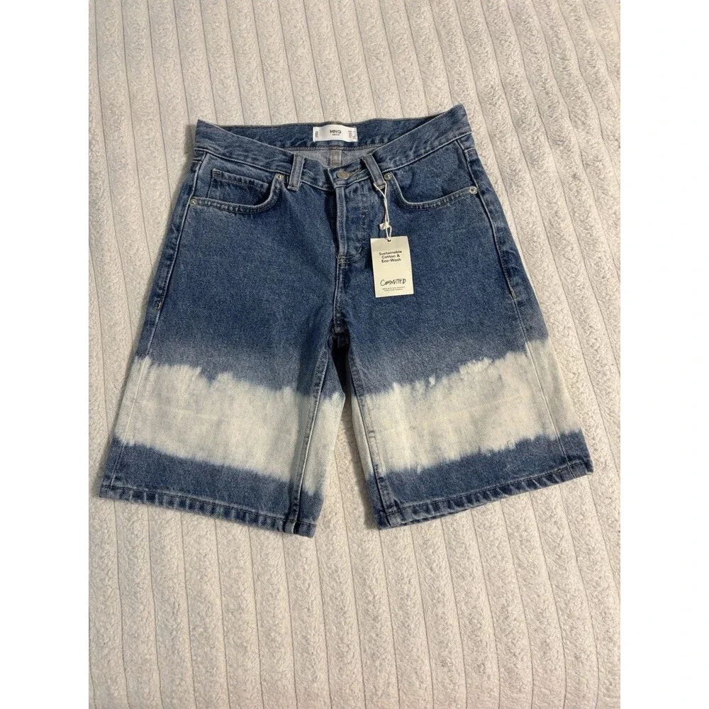 NWT Mango Tie-Dye Bleach Long Bermuda Denim Jean Shorts Womens 2 100% Cotton